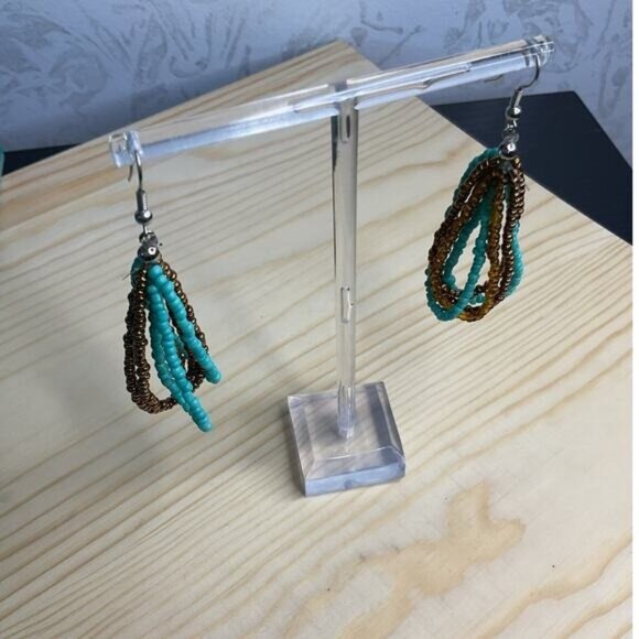 Teardrop Beaded Earrings With Turquoise & Brown Beads Boho Style Dangle Earrings - Picture 1 of 4